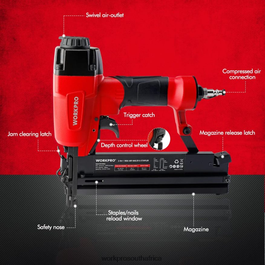ZA WORKPRO Pneumatic 2 in 1 Brad Nailer with 400pcs Nails/ 300 Pcs Staples Morden 4B8V2T181 Tool