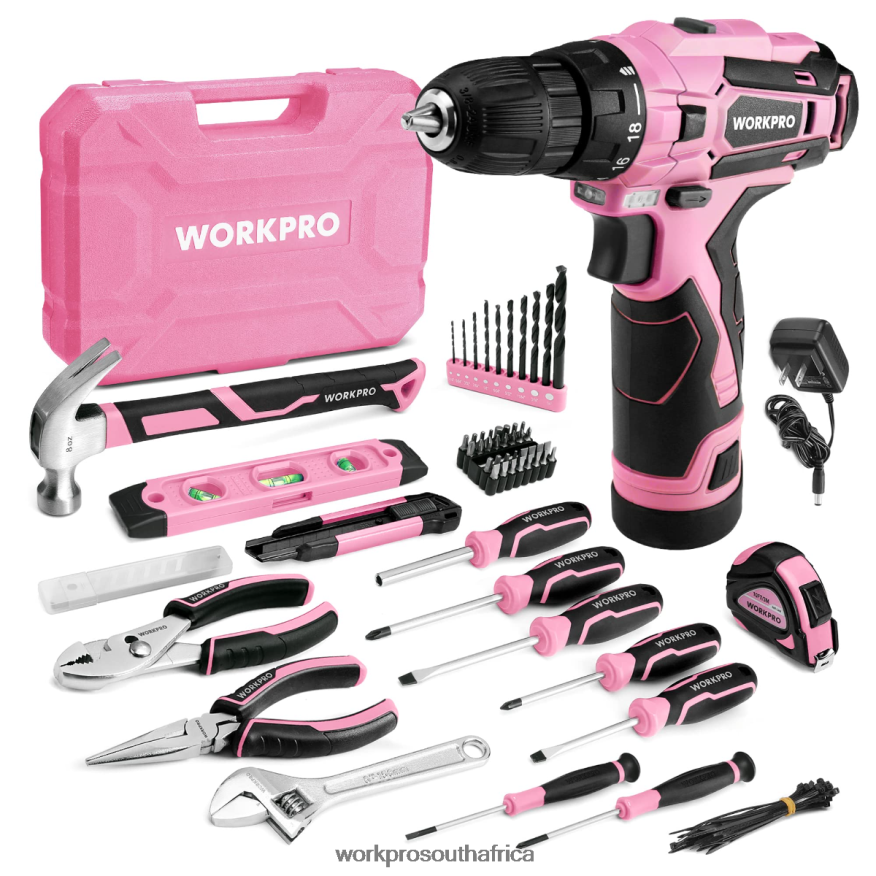 ZA WORKPRO 108-Piece Portable Tool Set with Power Drill Pink/Grey 4B8V2T173 Tool
