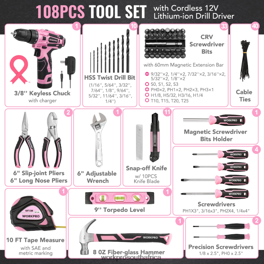 ZA WORKPRO 108-Piece Portable Tool Set with Power Drill Pink/Grey 4B8V2T173 Tool