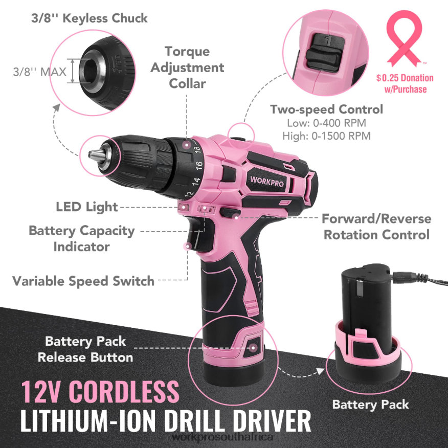 ZA WORKPRO 108-Piece Portable Tool Set with Power Drill Pink/Grey 4B8V2T173 Tool