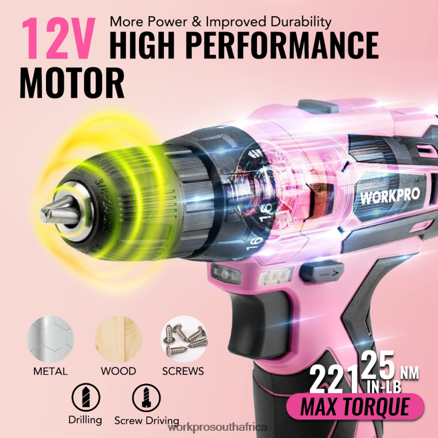 ZA WORKPRO 108-Piece Portable Tool Set with Power Drill Pink/Grey 4B8V2T173 Tool