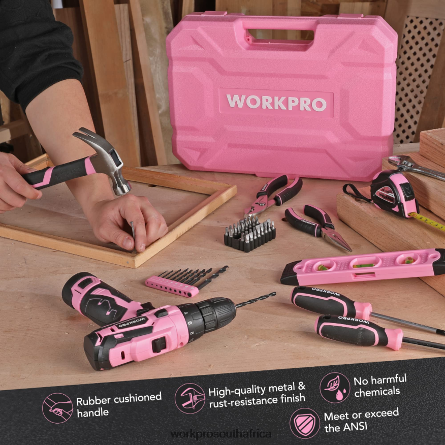 ZA WORKPRO 108-Piece Portable Tool Set with Power Drill Pink/Grey 4B8V2T173 Tool