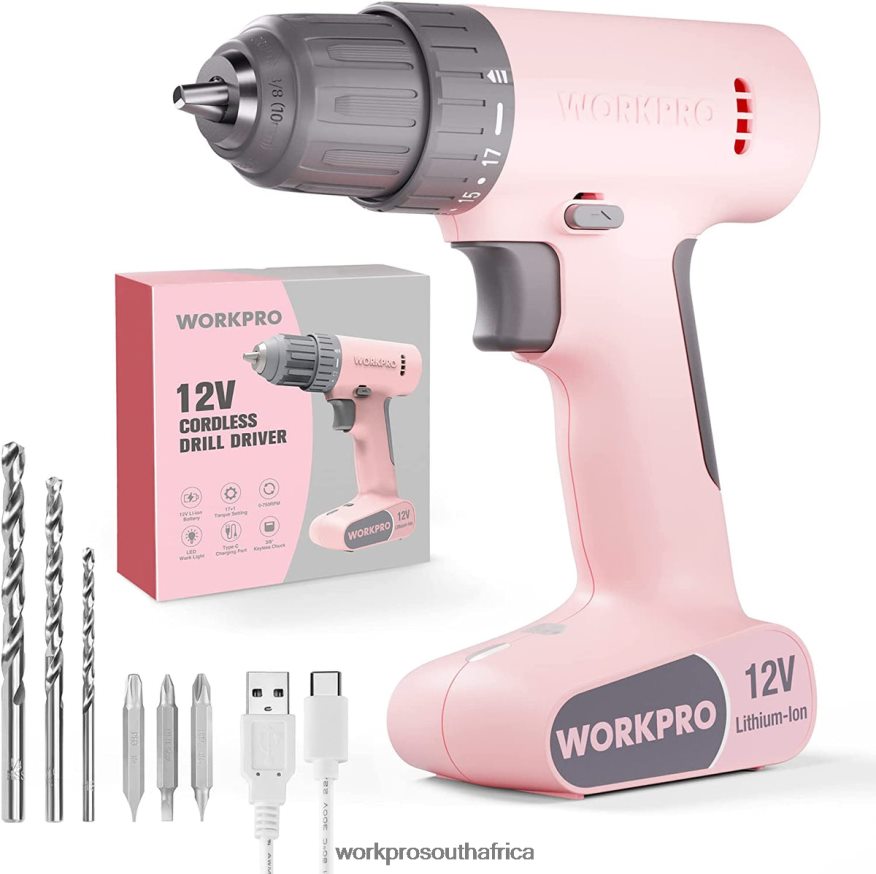ZA WORKPRO 12V Cordless Drill Driver Set with 6 Pcs Bits, 3/8-Inch Keyless Chuck, Variable Speed, 18 Touque Setting Pink/White 4B8V2T175 Tool