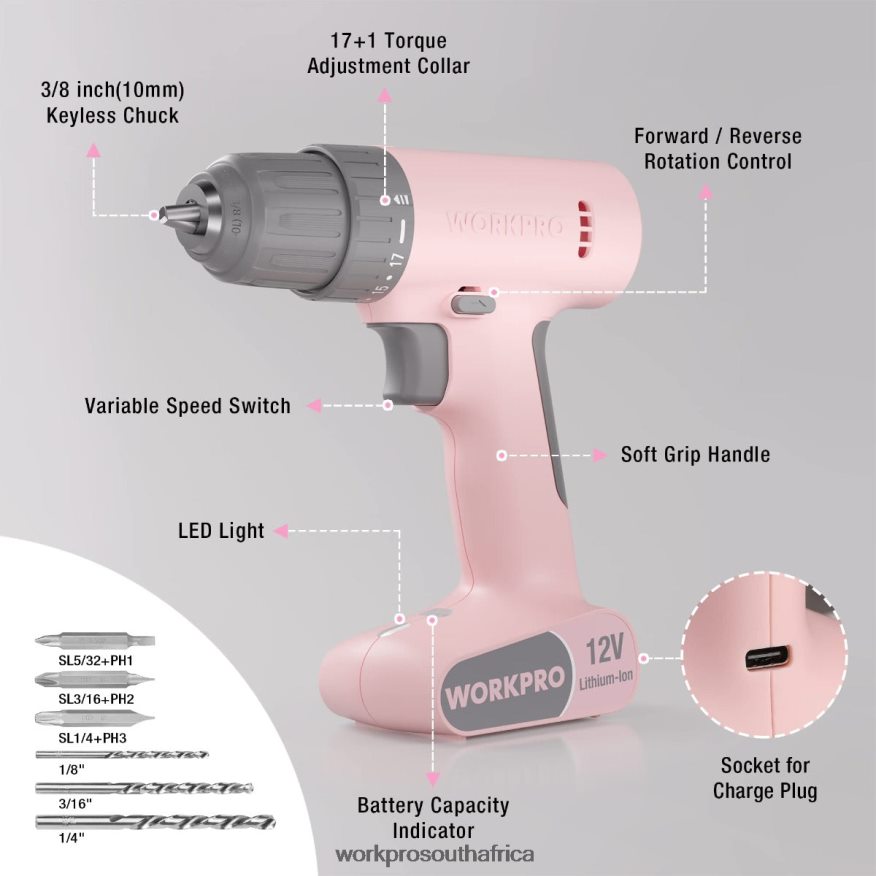 ZA WORKPRO 12V Cordless Drill Driver Set with 6 Pcs Bits, 3/8-Inch Keyless Chuck, Variable Speed, 18 Touque Setting Pink/White 4B8V2T175 Tool