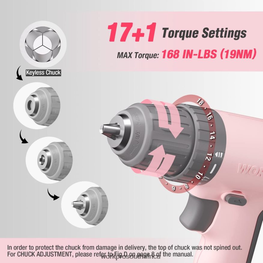 ZA WORKPRO 12V Cordless Drill Driver Set with 6 Pcs Bits, 3/8-Inch Keyless Chuck, Variable Speed, 18 Touque Setting Pink/White 4B8V2T175 Tool