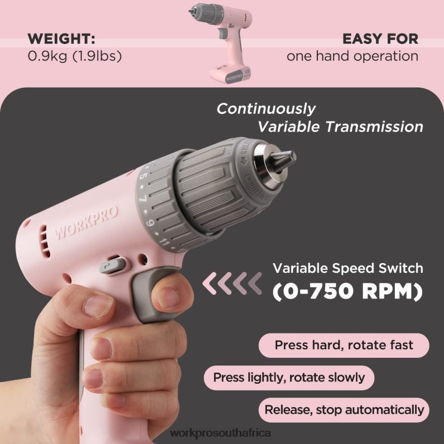 ZA WORKPRO 12V Cordless Drill Driver Set with 6 Pcs Bits, 3/8-Inch Keyless Chuck, Variable Speed, 18 Touque Setting Pink/White 4B8V2T175 Tool