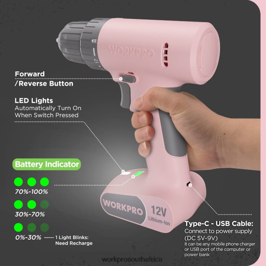 ZA WORKPRO 12V Cordless Drill Driver Set with 6 Pcs Bits, 3/8-Inch Keyless Chuck, Variable Speed, 18 Touque Setting Pink/White 4B8V2T175 Tool