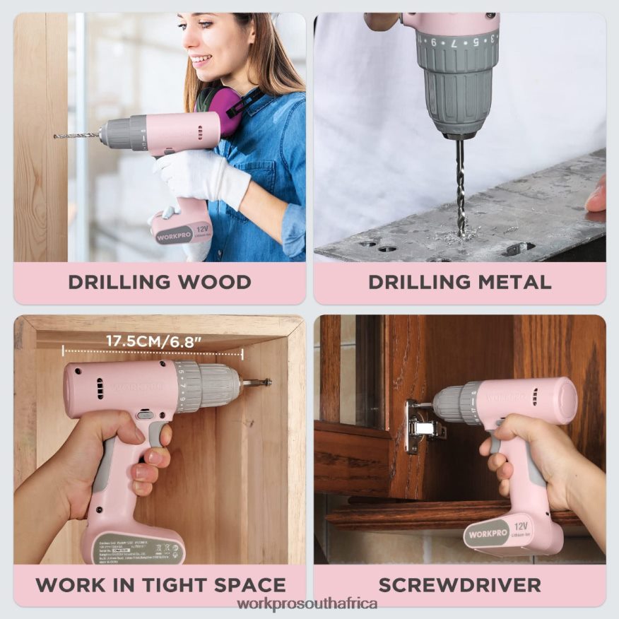 ZA WORKPRO 12V Cordless Drill Driver Set with 6 Pcs Bits, 3/8-Inch Keyless Chuck, Variable Speed, 18 Touque Setting Pink/White 4B8V2T175 Tool