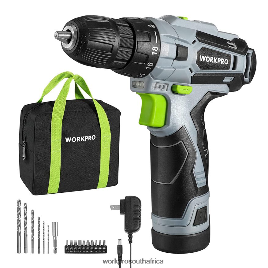 ZA WORKPRO 12V Electric Cordless Drill Driver Kit Keyless Chuck, Charger and Storage Bag Included Green 4B8V2T177 Tool