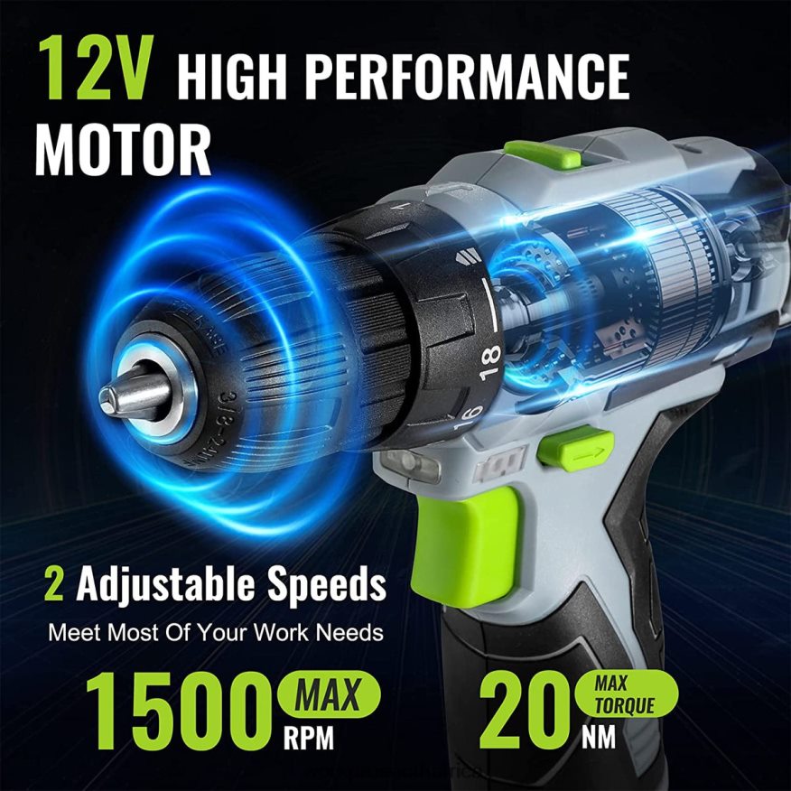 ZA WORKPRO 12V Electric Cordless Drill Driver Kit Keyless Chuck, Charger and Storage Bag Included Green 4B8V2T177 Tool