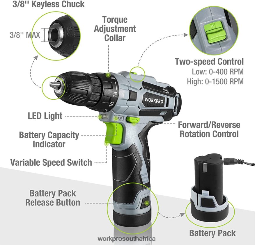 ZA WORKPRO 12V Electric Cordless Drill Driver Kit Keyless Chuck, Charger and Storage Bag Included Green 4B8V2T177 Tool