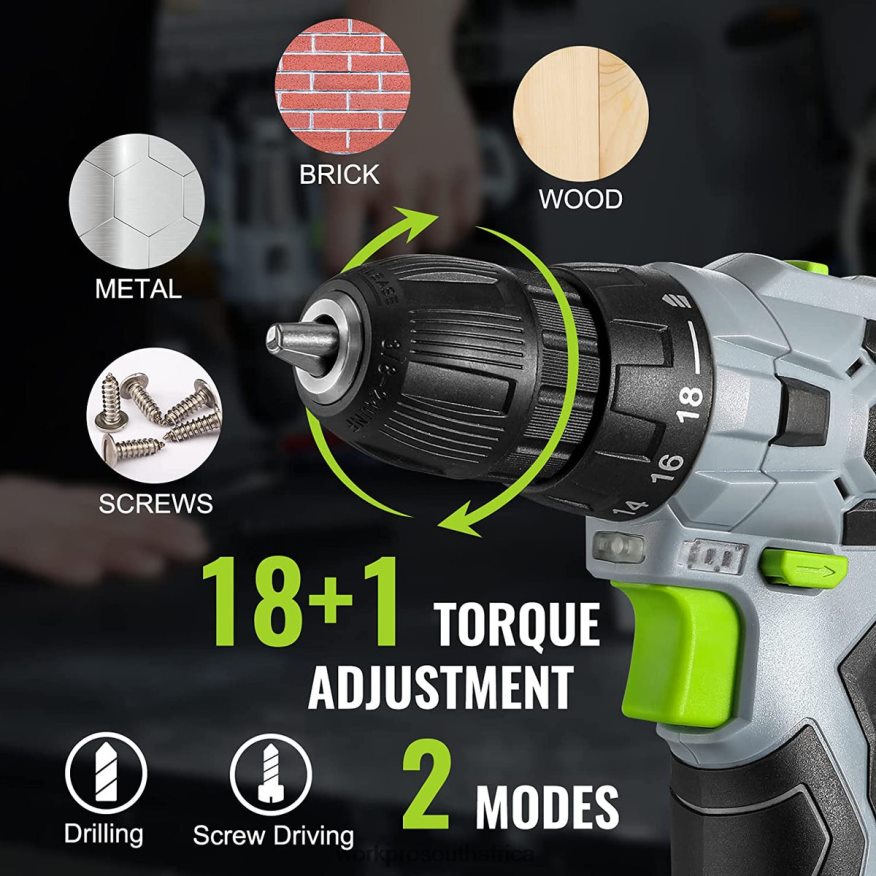 ZA WORKPRO 12V Electric Cordless Drill Driver Kit Keyless Chuck, Charger and Storage Bag Included Green 4B8V2T177 Tool
