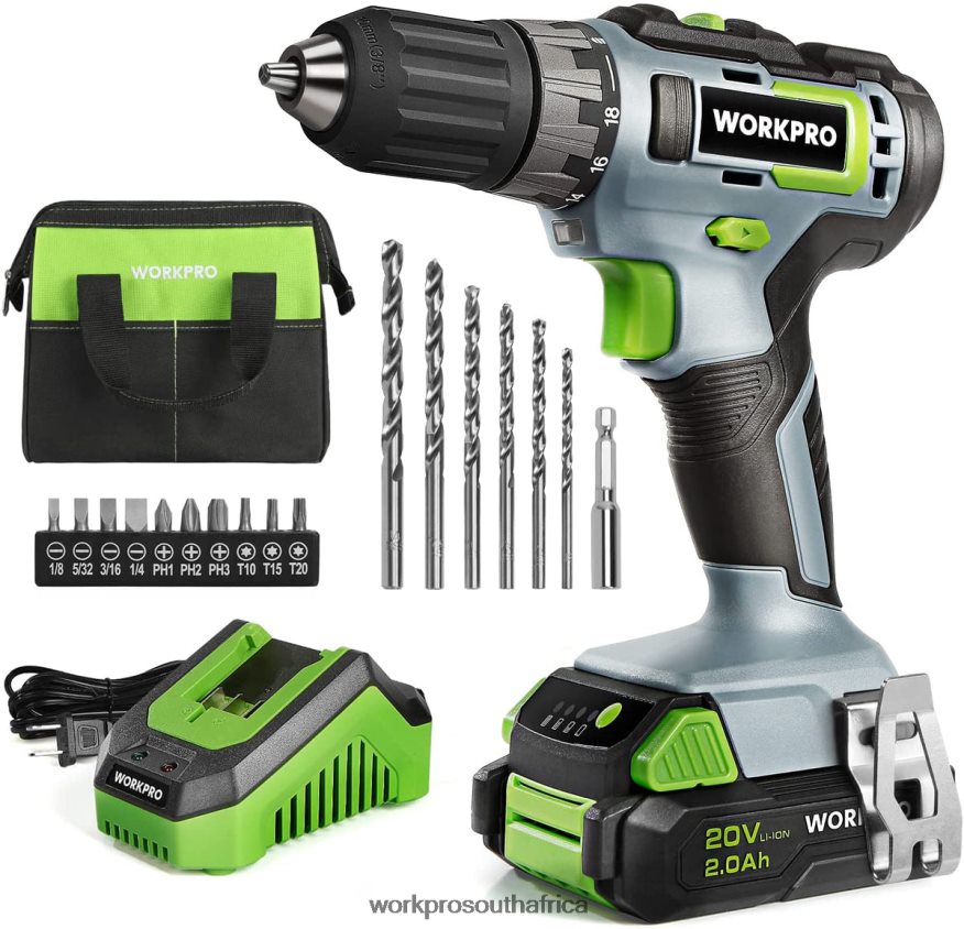 ZA WORKPRO 20V Cordless Drill Driver Kit, 2.0 Ah Li-ion Battery, 1 Hour Fast Charger and 11-inch Storage Bag Included Green 4B8V2T176 Tool