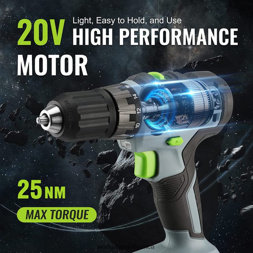 ZA WORKPRO 20V Cordless Drill Driver Kit, 2.0 Ah Li-ion Battery, 1 Hour Fast Charger and 11-inch Storage Bag Included Green 4B8V2T176 Tool