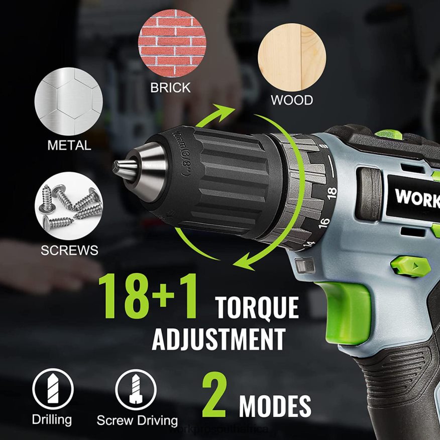 ZA WORKPRO 20V Cordless Drill Driver Kit, 2.0 Ah Li-ion Battery, 1 Hour Fast Charger and 11-inch Storage Bag Included Green 4B8V2T176 Tool