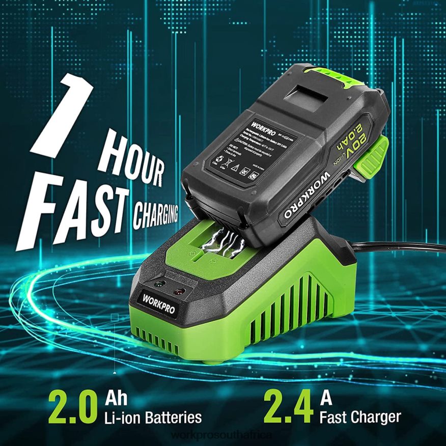ZA WORKPRO 20V Cordless Drill Driver Kit, 2.0 Ah Li-ion Battery, 1 Hour Fast Charger and 11-inch Storage Bag Included Green 4B8V2T176 Tool