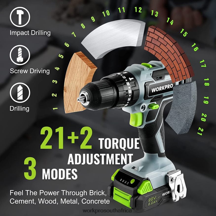 ZA WORKPRO 20V Max Cordless Drill Driver Set, Electric Power Impact Drill Tool with 102 Pieces Accessories, 2 x 2.0Ah Li-ion Batteries with Fast Charger Useful 4B8V2T170 Tool