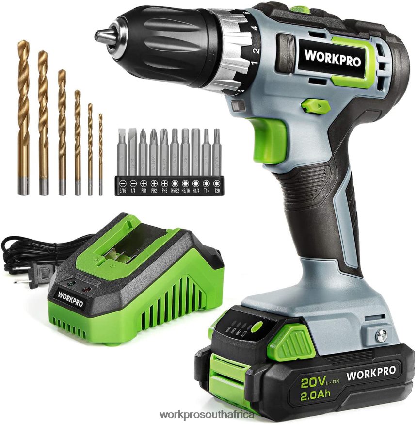 ZA WORKPRO 20V Variable Speed Cordless Drill/Driver Kit, 18+2 Torque Setting 2.0 Ah Li-ion Battery and 1 Hour Fast Charger Morden 4B8V2T172 Tool