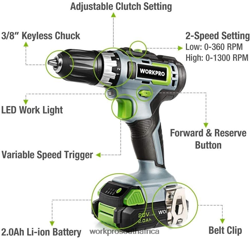 ZA WORKPRO 20V Variable Speed Cordless Drill/Driver Kit, 18+2 Torque Setting 2.0 Ah Li-ion Battery and 1 Hour Fast Charger Morden 4B8V2T172 Tool