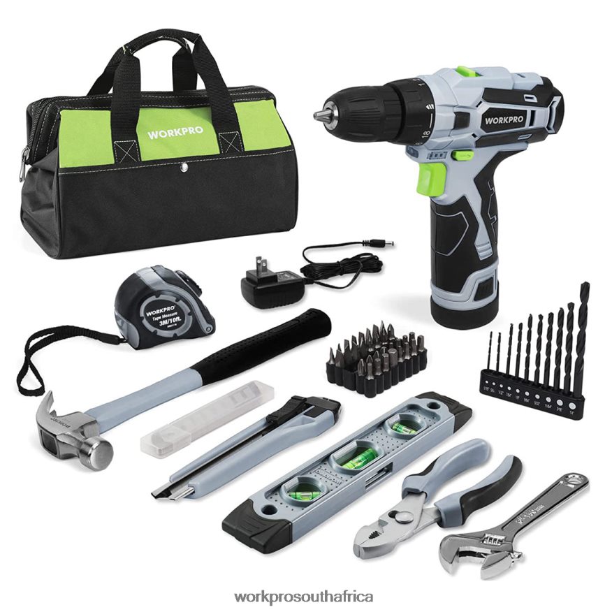 ZA WORKPRO 61 Pcs 12V Cordless Drill and Home Tool Kit, 14-inch Storage Bag Included Grey 4B8V2T174 Tool