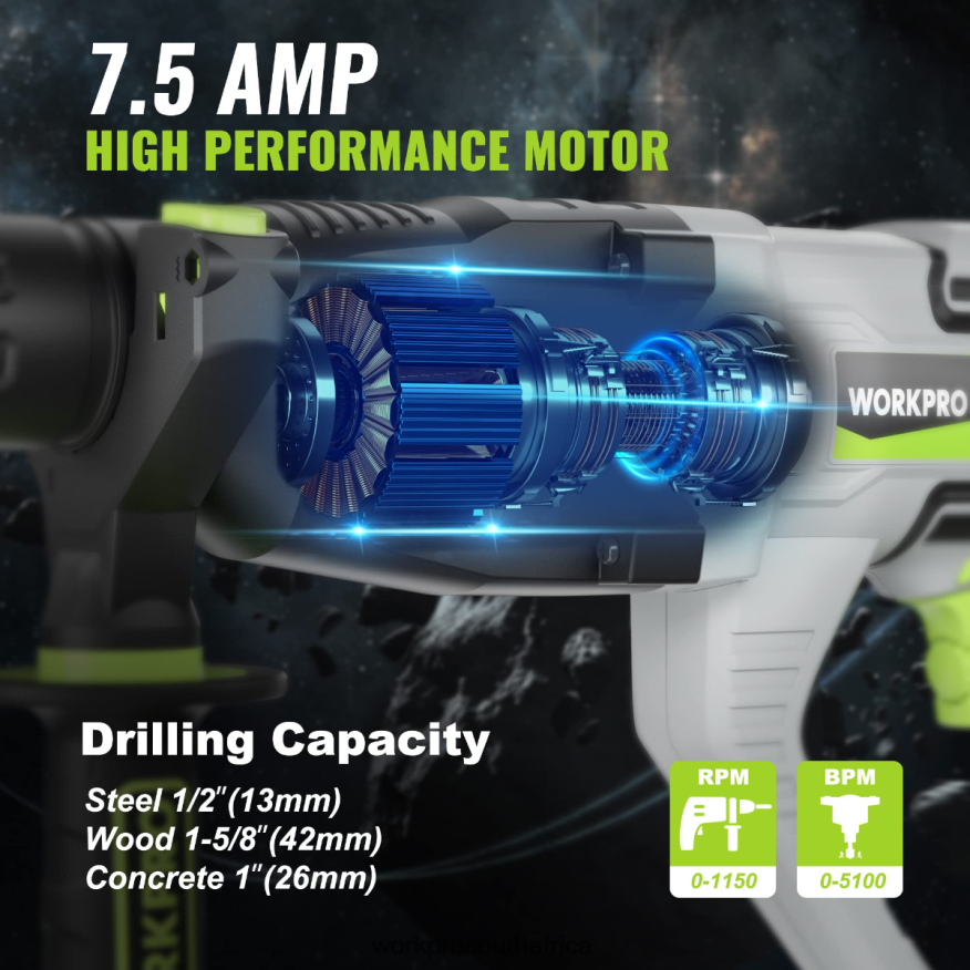 ZA WORKPRO 7.5AMP 1-1/4 Inch Premium SDS-Plus Rotary Hammer Drill, Lightweight Corded Version Useful 4B8V2T178 Tool