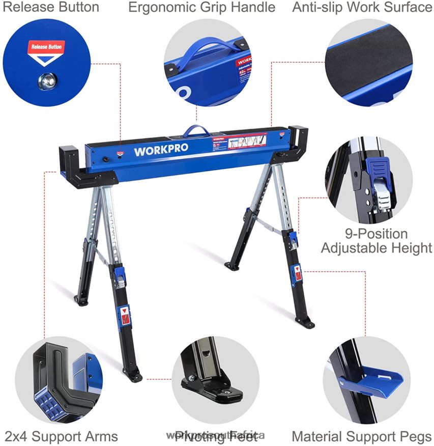 ZA WORKPRO 2 Pcs Folding Sawhorse Adjustable Heavy Duty Saw horse with 2x4 Support Arms, 3000 lbs Load Capacity, 24-32 inch Height Adjustable Legs, Pivoting Feet & Support Pegs New 4B8V2T35 Storage