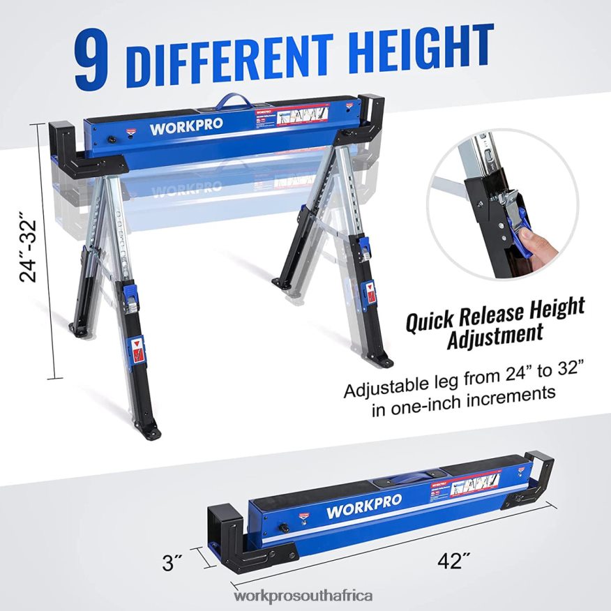 ZA WORKPRO 2 Pcs Folding Sawhorse Adjustable Heavy Duty Saw horse with 2x4 Support Arms, 3000 lbs Load Capacity, 24-32 inch Height Adjustable Legs, Pivoting Feet & Support Pegs New 4B8V2T35 Storage