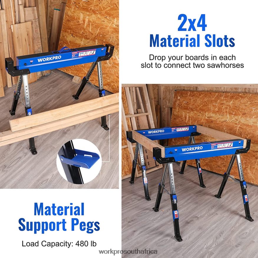 ZA WORKPRO 2 Pcs Folding Sawhorse Adjustable Heavy Duty Saw horse with 2x4 Support Arms, 3000 lbs Load Capacity, 24-32 inch Height Adjustable Legs, Pivoting Feet & Support Pegs New 4B8V2T35 Storage
