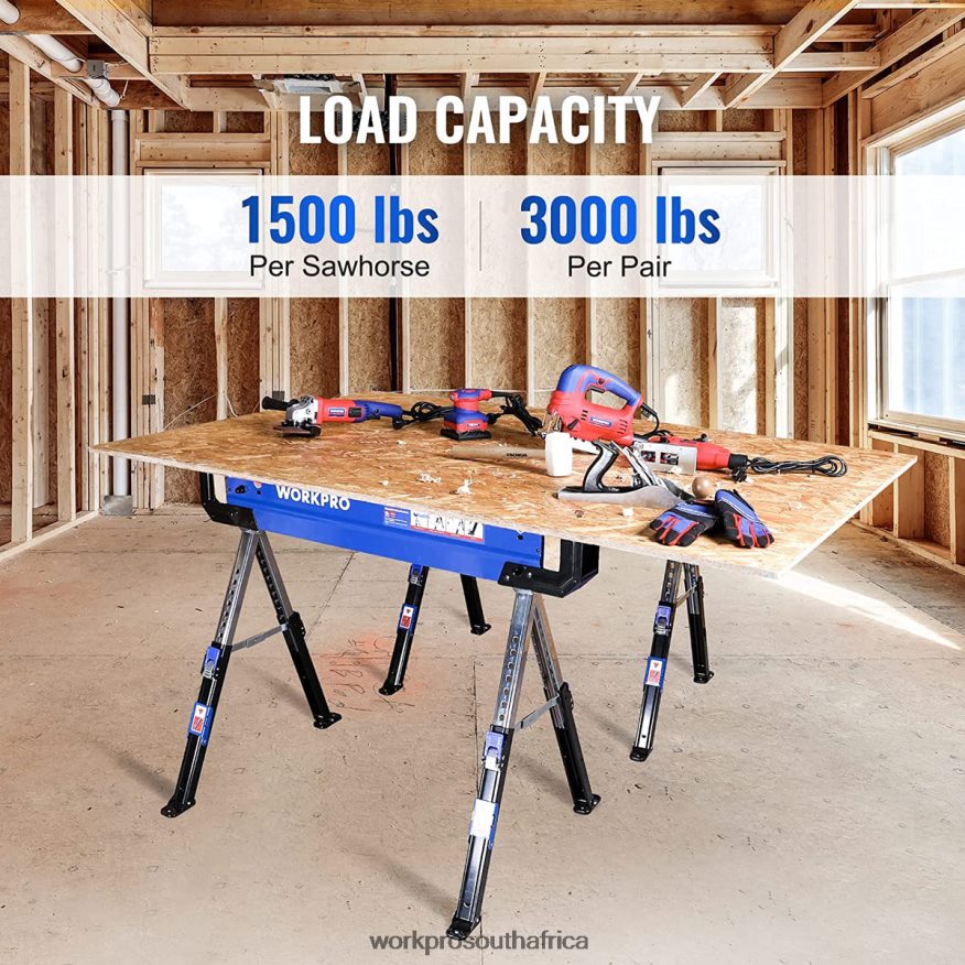 ZA WORKPRO 2 Pcs Folding Sawhorse Adjustable Heavy Duty Saw horse with 2x4 Support Arms, 3000 lbs Load Capacity, 24-32 inch Height Adjustable Legs, Pivoting Feet & Support Pegs New 4B8V2T35 Storage