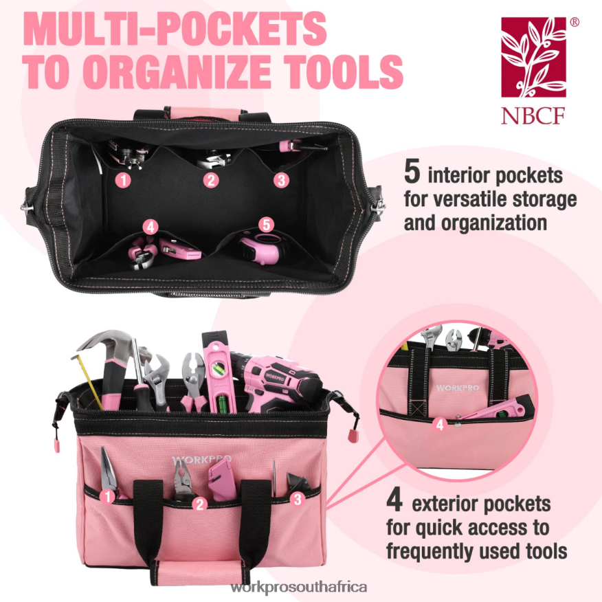 ZA WORKPRO 13-Inch Tool Bag, Soft Cloth Tool Storage Bags Pink 4B8V2T29 Storage