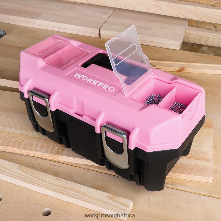 ZA WORKPRO 16-inch Tool Box, Plastic Toolbox with Metal Latch and Removable Tray Pink 4B8V2T23 Storage