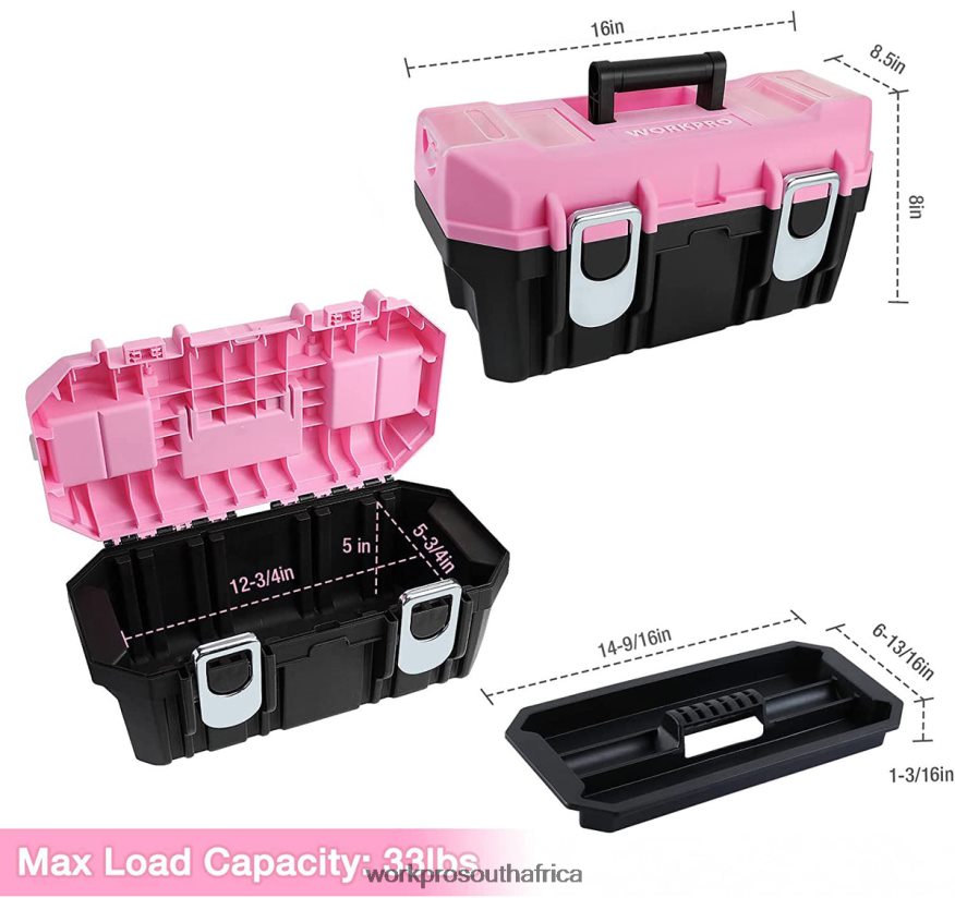 ZA WORKPRO 16-inch Tool Box, Plastic Toolbox with Metal Latch and Removable Tray Pink 4B8V2T23 Storage
