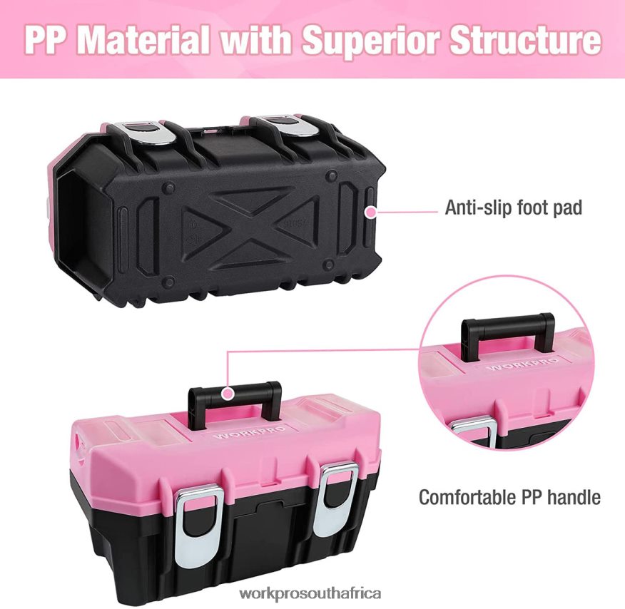 ZA WORKPRO 16-inch Tool Box, Plastic Toolbox with Metal Latch and Removable Tray Pink 4B8V2T23 Storage