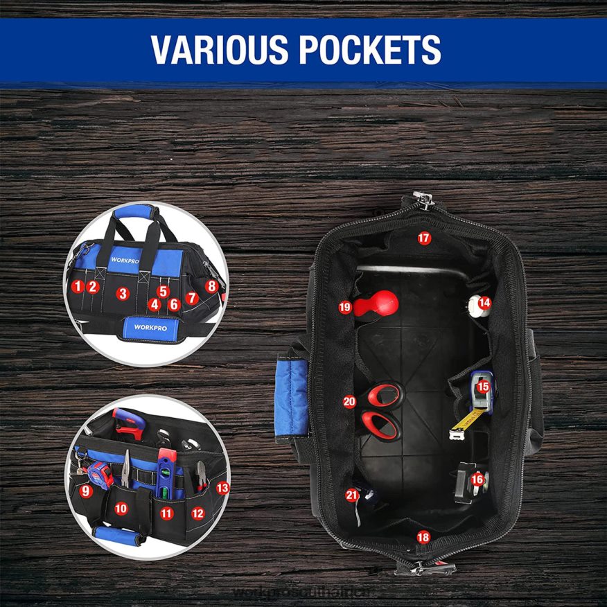 ZA WORKPRO 16-inch Wide Mouth Tool Bag with Water Proof Molded Base Useful 4B8V2T34 Storage