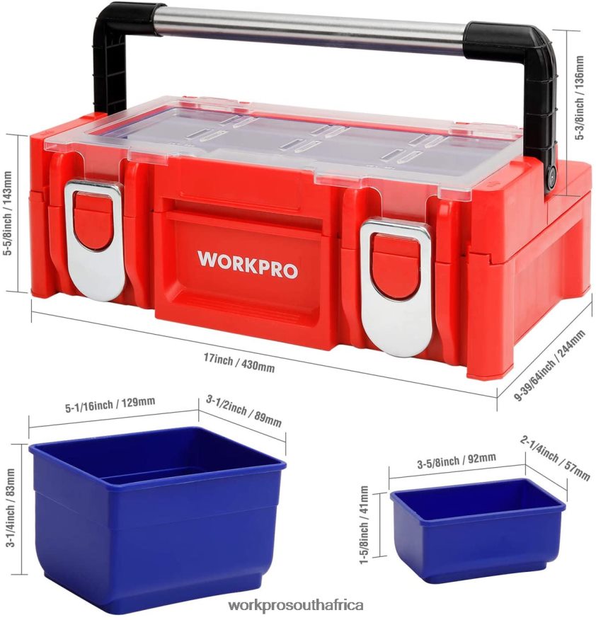 ZA WORKPRO 17-inch Plastic Tool Box, Storage Box with Locking Lid and Stainless Steel Handle Red 4B8V2T25 Storage