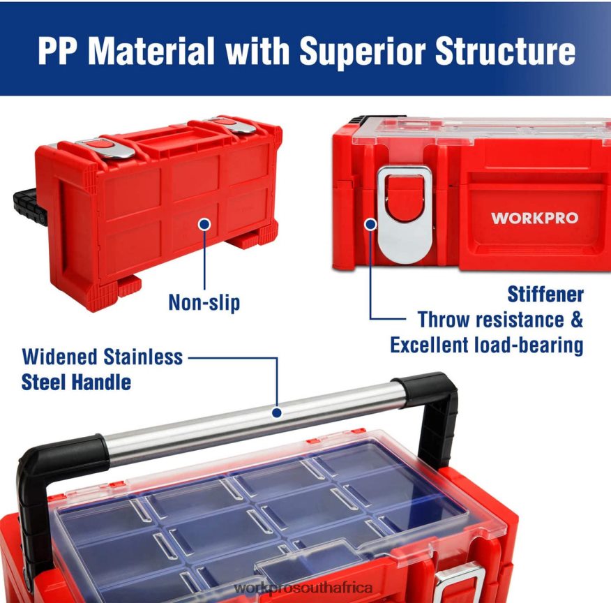 ZA WORKPRO 17-inch Plastic Tool Box, Storage Box with Locking Lid and Stainless Steel Handle Red 4B8V2T25 Storage