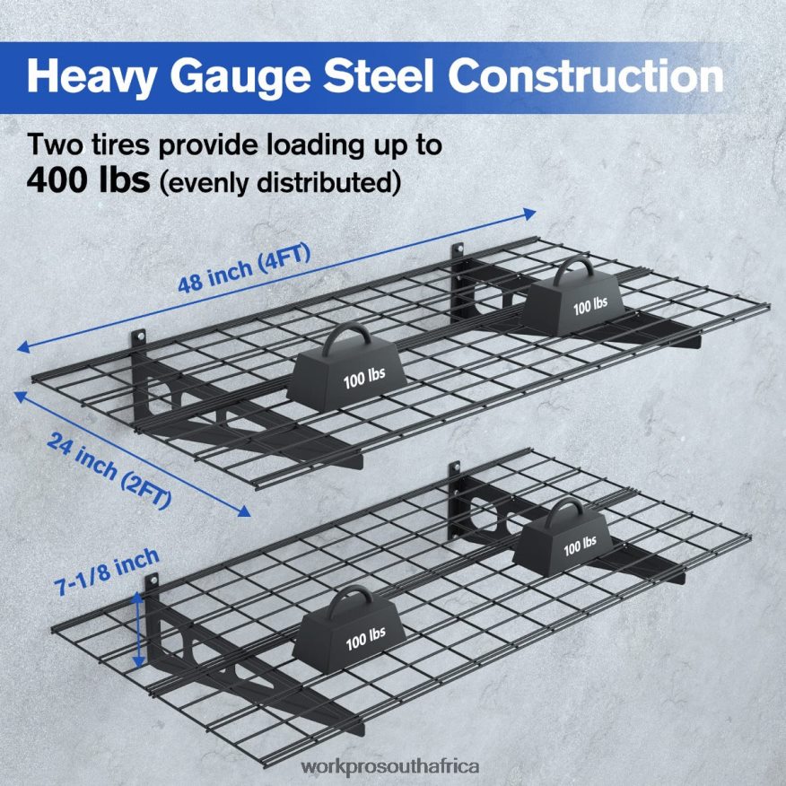 ZA WORKPRO 2-Pack 2x4FT Heavy Duty Garage Wall Mounted Shelving, 400lbs Load Capacity (Total) Black 4B8V2T14 Storage