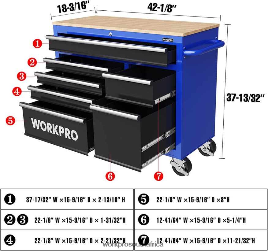 ZA WORKPRO 42-Inch 7-Drawers Rolling Tool Chest with Wooden Top, Equipped with Casters, Handle, Drawer Liner, and Locking System, 1000 lbs Load Capacity New 4B8V2T26 Storage
