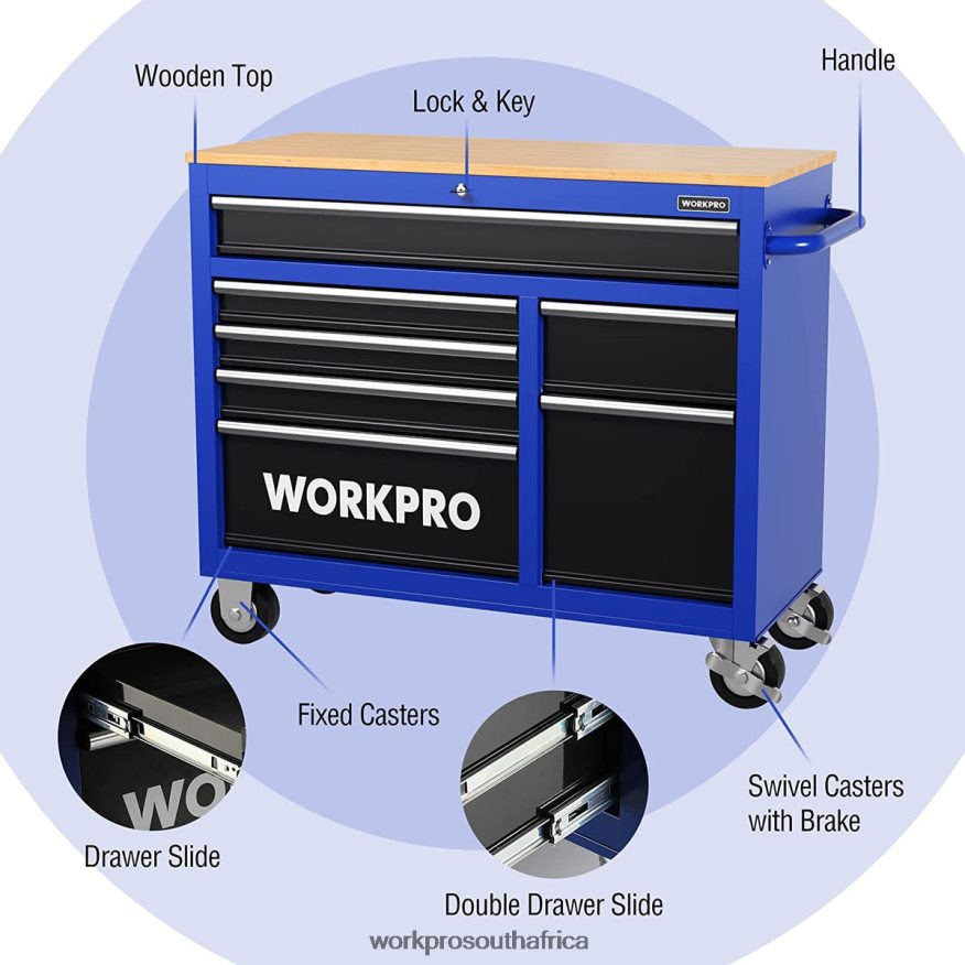 ZA WORKPRO 42-Inch 7-Drawers Rolling Tool Chest with Wooden Top, Equipped with Casters, Handle, Drawer Liner, and Locking System, 1000 lbs Load Capacity New 4B8V2T26 Storage