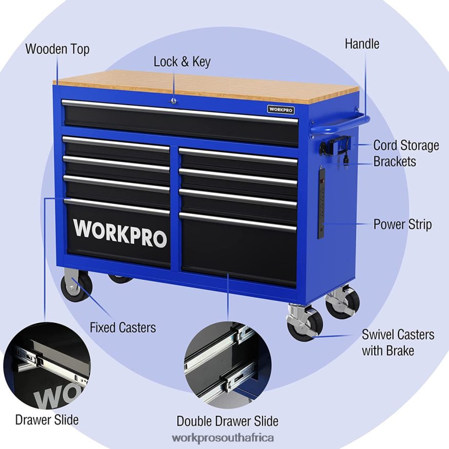ZA WORKPRO 46-Inch 9-Drawers Rolling Tool Chest with Wooden Top, Equipped with Casters, Handle, Drawer Liner, and Locking System, 1200 lbs Load Capacity Morden 4B8V2T15 Storage