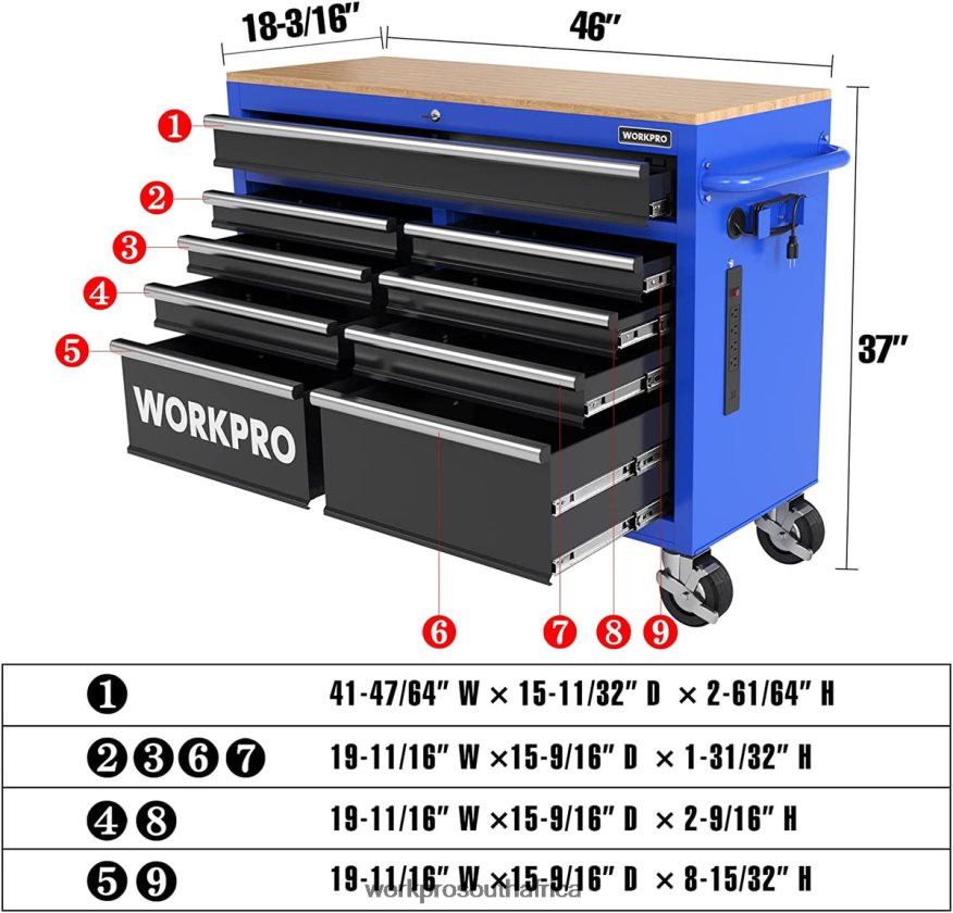 ZA WORKPRO 46-Inch 9-Drawers Rolling Tool Chest with Wooden Top, Equipped with Casters, Handle, Drawer Liner, and Locking System, 1200 lbs Load Capacity Morden 4B8V2T15 Storage