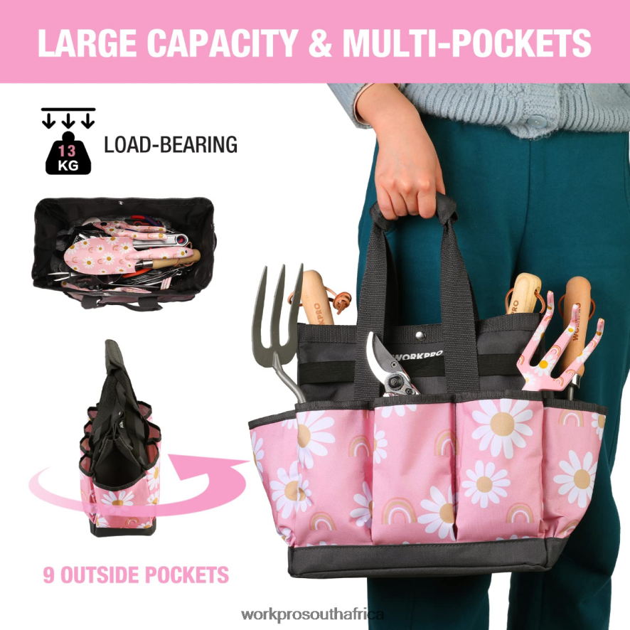 ZA WORKPRO Garden Tool Bag with 9 Pockets Floral White/Floral Pink 4B8V2T286 Storage