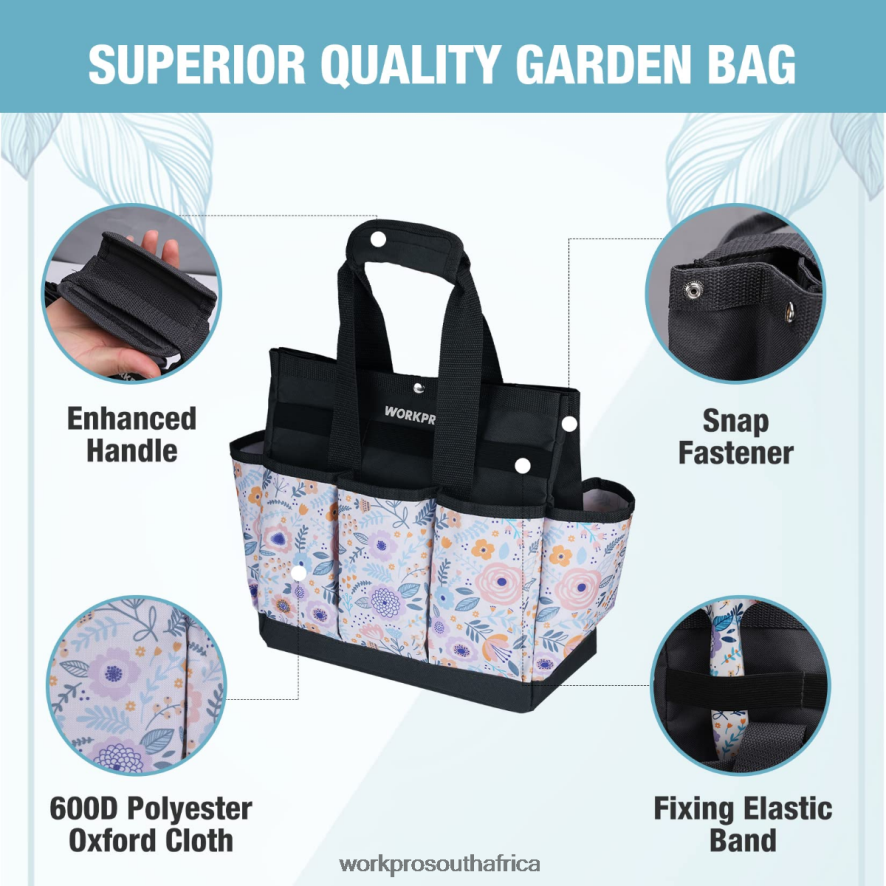 ZA WORKPRO Garden Tool Bag with 9 Pockets Floral White/Floral Pink 4B8V2T286 Storage