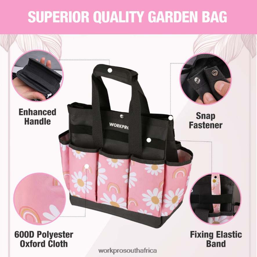 ZA WORKPRO Garden Tool Bag with 9 Pockets Floral White/Floral Pink 4B8V2T286 Storage