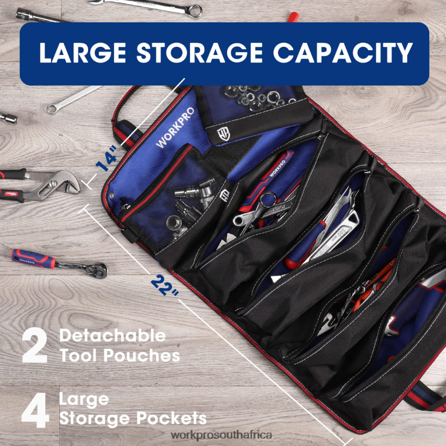 ZA WORKPRO Heavy Duty Tool Roll Up Bag Organizer with 6 Pockets and Detachable Tool Pouches New 4B8V2T32 Storage