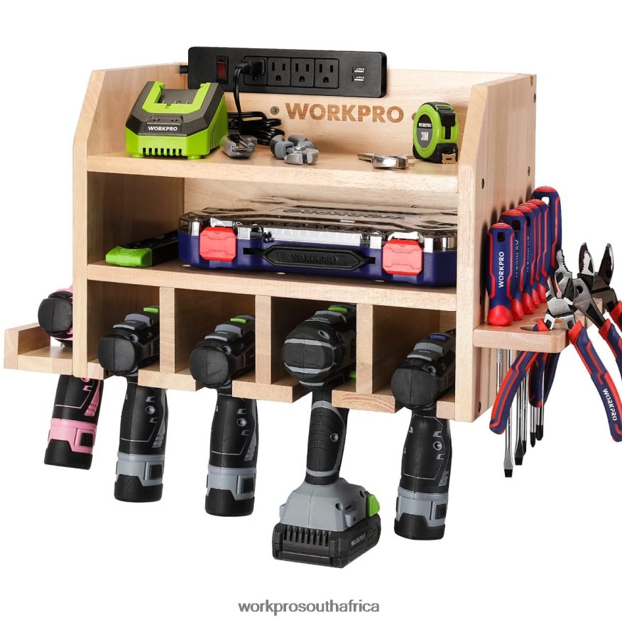 ZA WORKPRO Power Tool Organizer, Cordless Drill Holder Storage Wall Mount with 5 Drill Hanging Slots, Solid Wooden Tool Storage Helpful 4B8V2T19 Storage