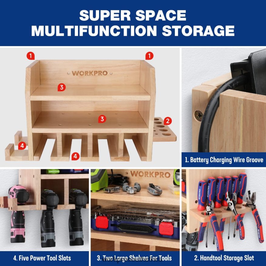 ZA WORKPRO Power Tool Organizer, Cordless Drill Holder Storage Wall Mount with 5 Drill Hanging Slots, Solid Wooden Tool Storage Helpful 4B8V2T19 Storage