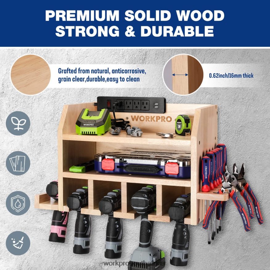 ZA WORKPRO Power Tool Organizer, Cordless Drill Holder Storage Wall Mount with 5 Drill Hanging Slots, Solid Wooden Tool Storage Helpful 4B8V2T19 Storage