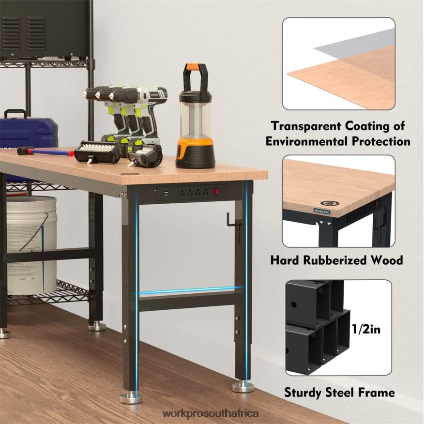 ZA WORKPRO Adjustable Workbench 2000 LBS Load Capacity Hardwood Worktable with Power Outlets Helpful 4B8V2T1 Storage