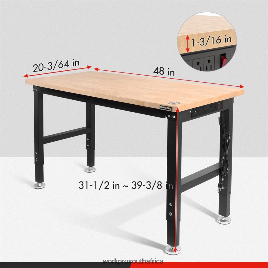 ZA WORKPRO Adjustable Workbench 2000 LBS Load Capacity Hardwood Worktable with Power Outlets Helpful 4B8V2T1 Storage